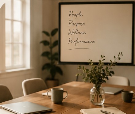 A calm meeting room with a whiteboard reading People, Purpose, Wellness, Performance
